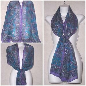 Pure 100% Silk Boho Botanical Scarf Purple Gypsy Festival 67" x 18.5" India